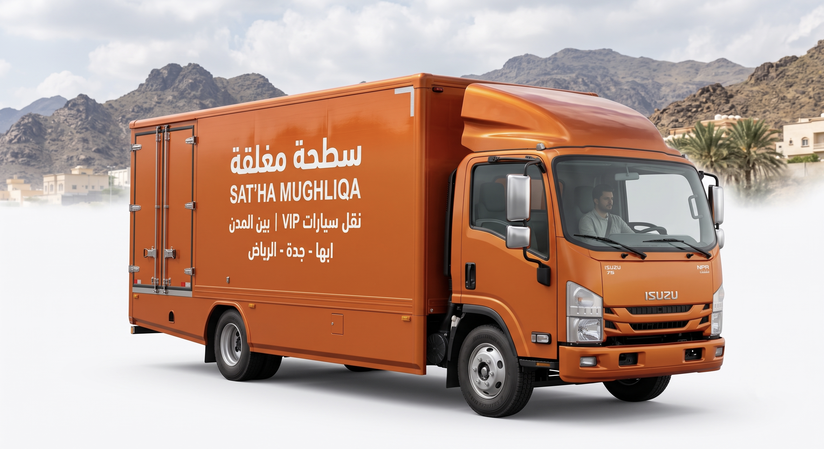 سطحة مغلقة لنقل السيارات الفارهة من أبها إلى الرياض وجدة والدمام - شاحنة إيسوزو برتقالية حديثة